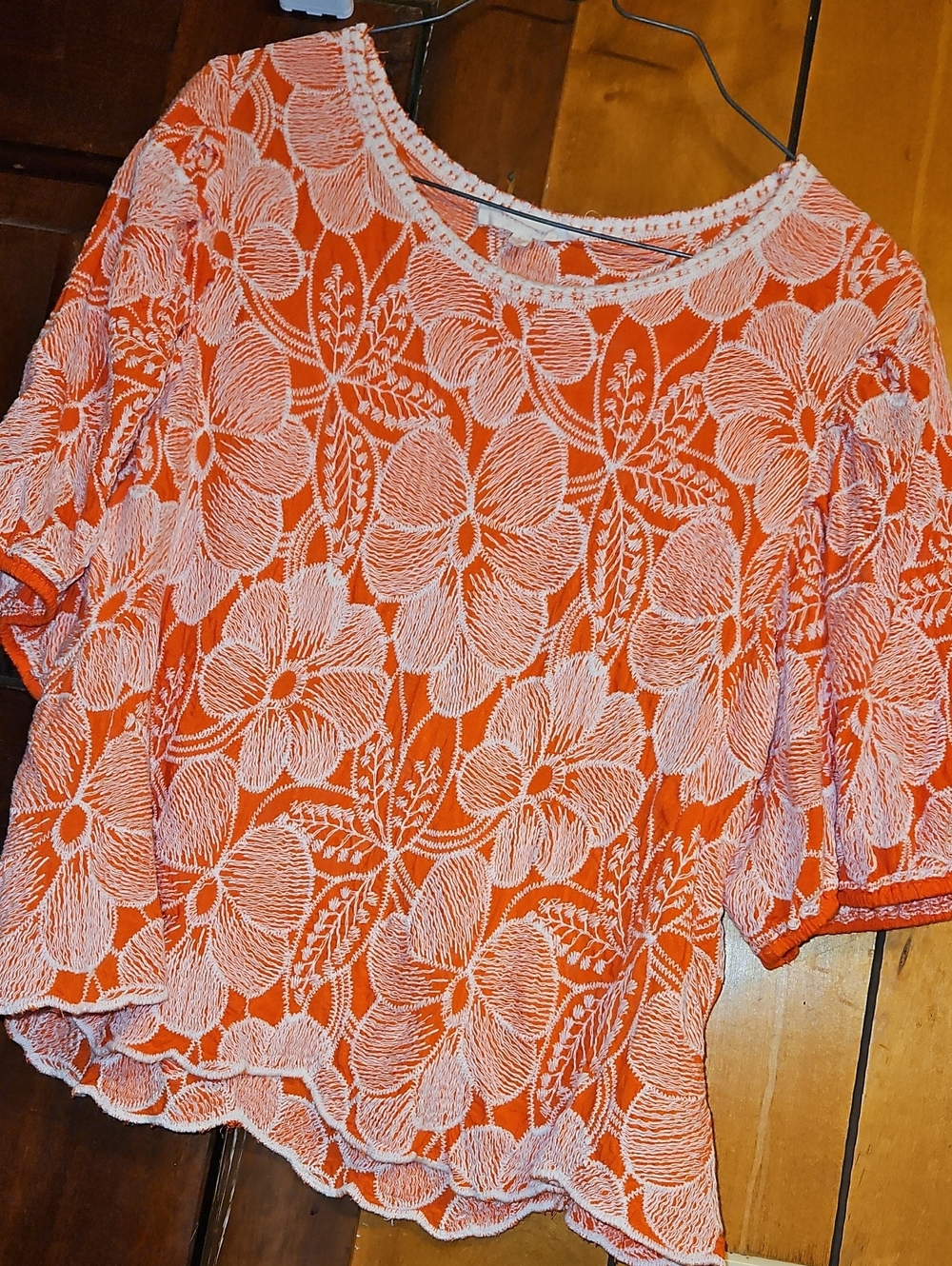 Solitaire Orange Blouse with White Floral Lace Overlay